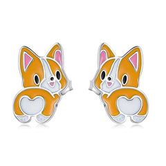 Sterling Silver Cute Corgi Open Ring Pet Animal Stud Earrings Enamel for Women - PeticaDeals