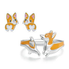 Sterling Silver Cute Corgi Open Ring Pet Animal Stud Earrings Enamel for Women - PeticaDeals