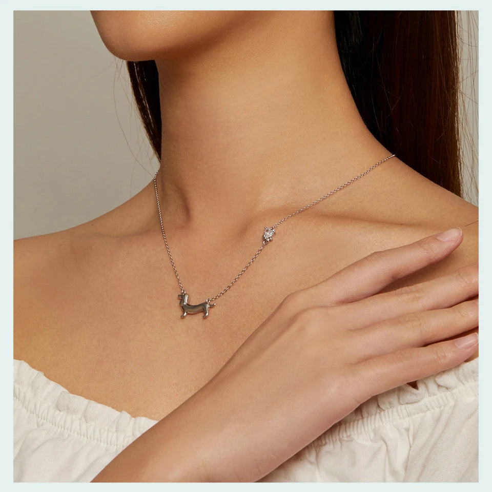 Sterling Silver Cute Dachshund Dog Pendant Necklace S925 Animal Pet Paw Zircon Links Necklace - PeticaDeals
