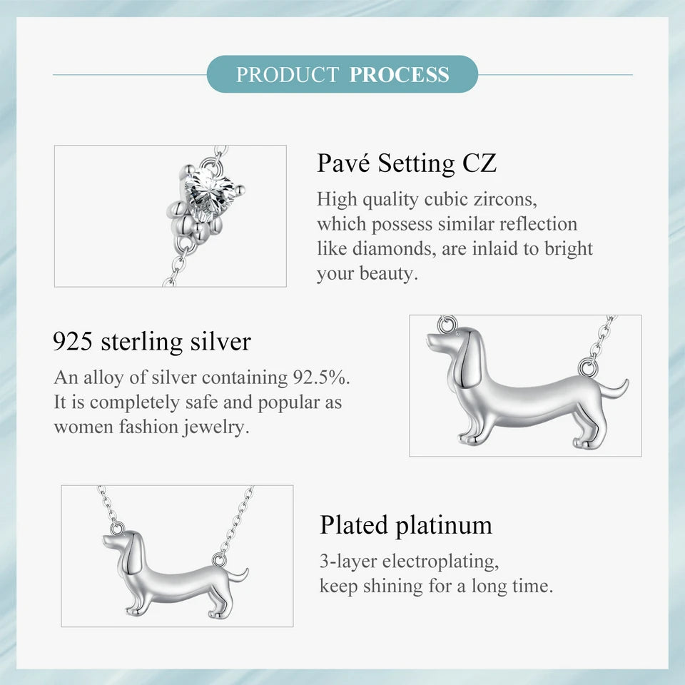 Sterling Silver Cute Dachshund Dog Pendant Necklace S925 Animal Pet Paw Zircon Links Necklace - PeticaDeals