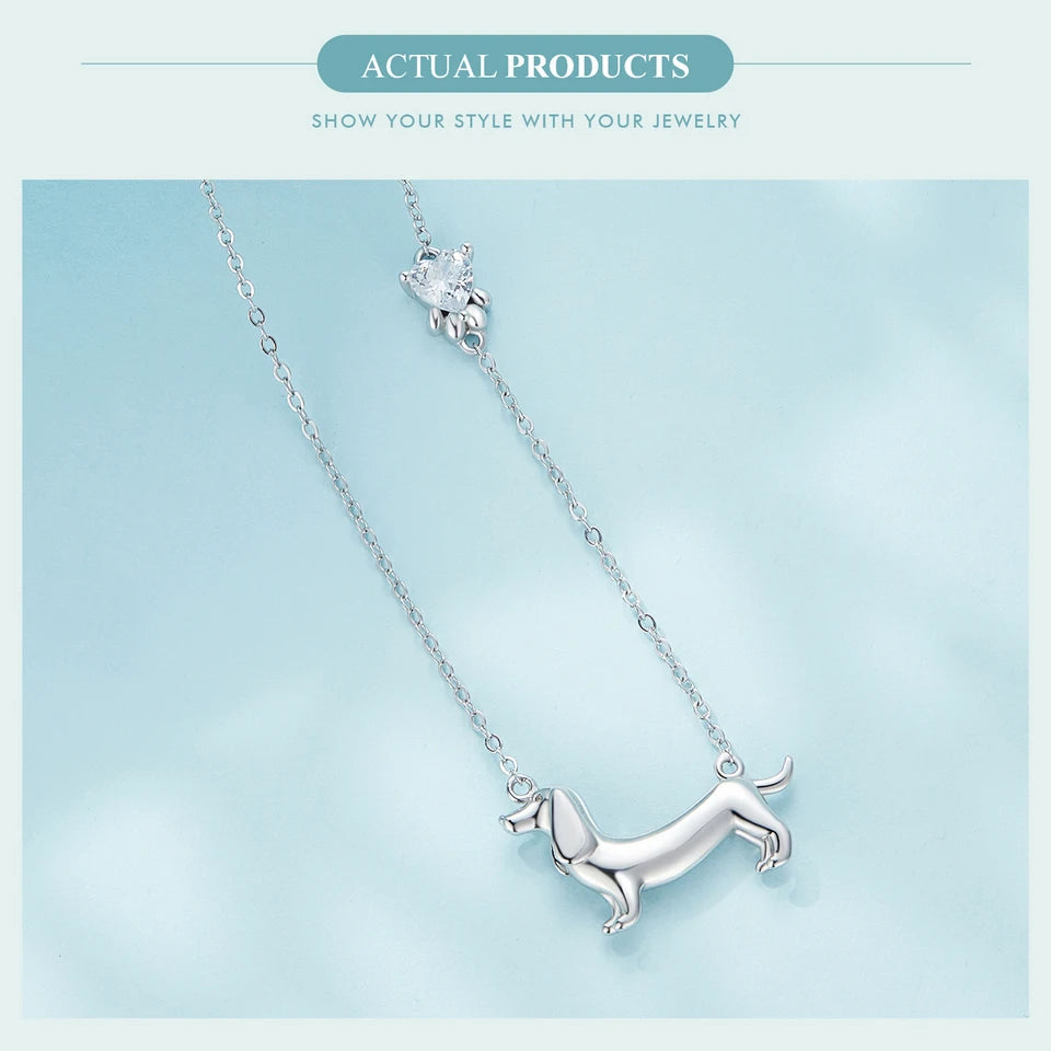 Sterling Silver Cute Dachshund Dog Pendant Necklace S925 Animal Pet Paw Zircon Links Necklace - PeticaDeals