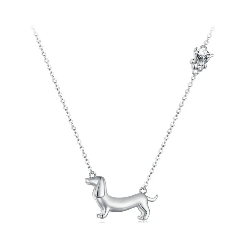 Sterling Silver Cute Dachshund Dog Pendant Necklace S925 Animal Pet Paw Zircon Links Necklace - PeticaDeals