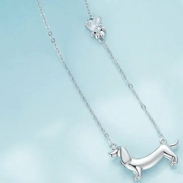 Sterling Silver Cute Dachshund Dog Pendant Necklace S925 Animal Pet Paw Zircon Links Necklace - PeticaDeals