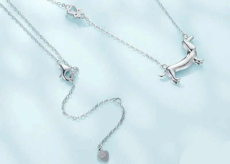 Sterling Silver Cute Dachshund Dog Pendant Necklace S925 Animal Pet Paw Zircon Links Necklace - PeticaDeals
