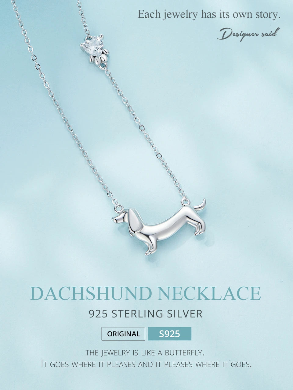 Sterling Silver Cute Dachshund Dog Pendant Necklace S925 Animal Pet Paw Zircon Links Necklace - PeticaDeals