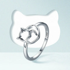 Sterling Silver Cute Little Cat & Heart Finger Ring for Women - PeticaDeals