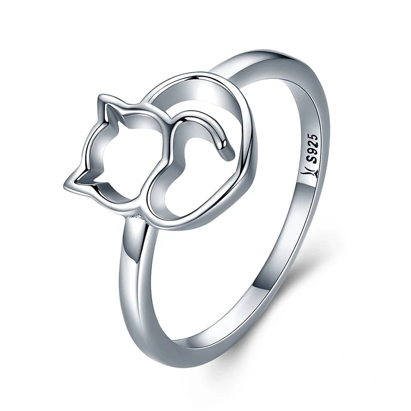 Sterling Silver Cute Little Cat & Heart Finger Ring for Women - PeticaDeals