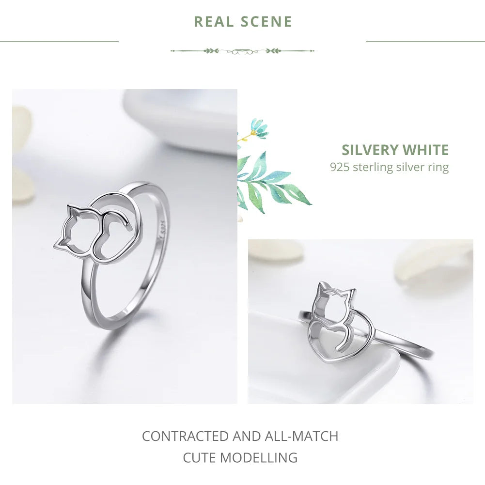 Sterling Silver Cute Little Cat & Heart Finger Ring for Women - PeticaDeals