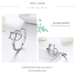 Sterling Silver Cute Little Cat & Heart Finger Ring for Women - PeticaDeals
