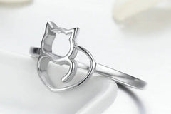 Sterling Silver Cute Little Cat & Heart Finger Ring for Women - PeticaDeals