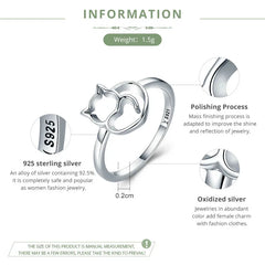 Sterling Silver Cute Little Cat & Heart Finger Ring for Women - PeticaDeals