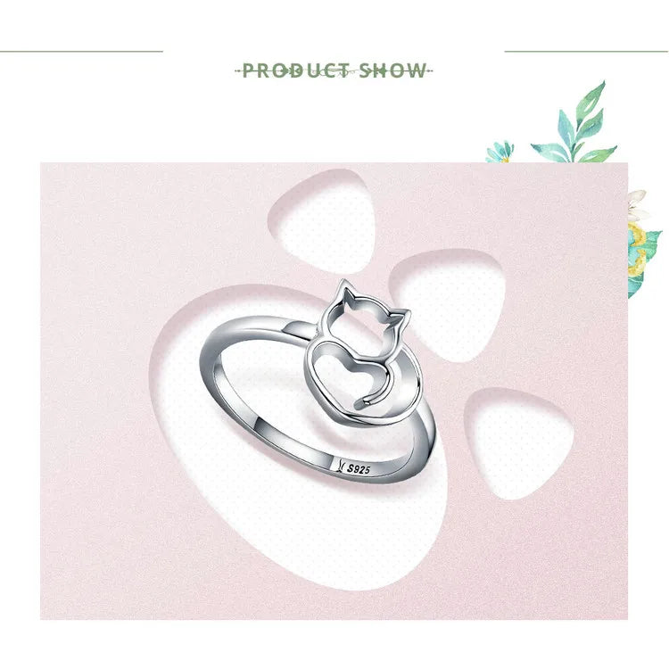 Sterling Silver Cute Little Cat & Heart Finger Ring for Women - PeticaDeals