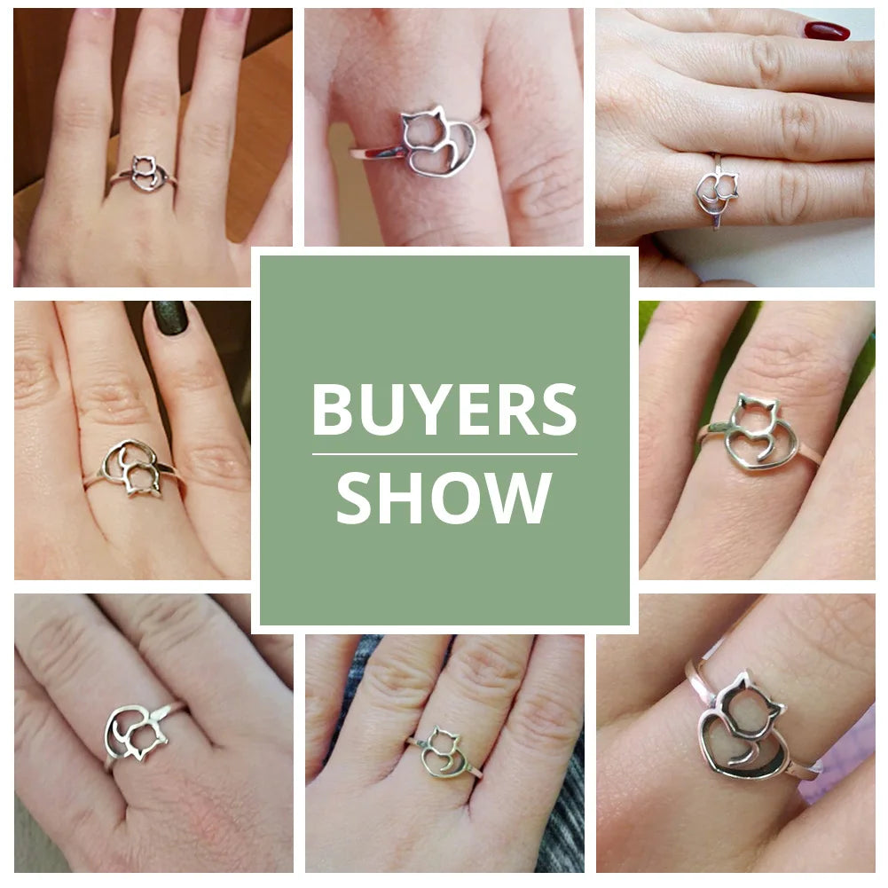Sterling Silver Cute Little Cat & Heart Finger Ring for Women - PeticaDeals