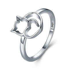 Sterling Silver Cute Little Cat & Heart Finger Ring for Women - PeticaDeals