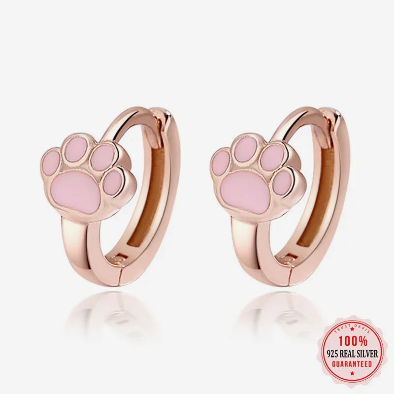 Sterling Silver Cute Pink Cat Claw Hoop Earrings Women's Fine Jewelry - PeticaDeals