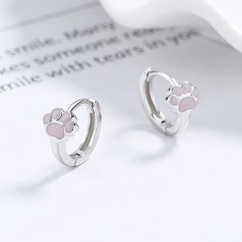 Sterling Silver Cute Pink Cat Claw Hoop Earrings Women's Fine Jewelry - PeticaDeals