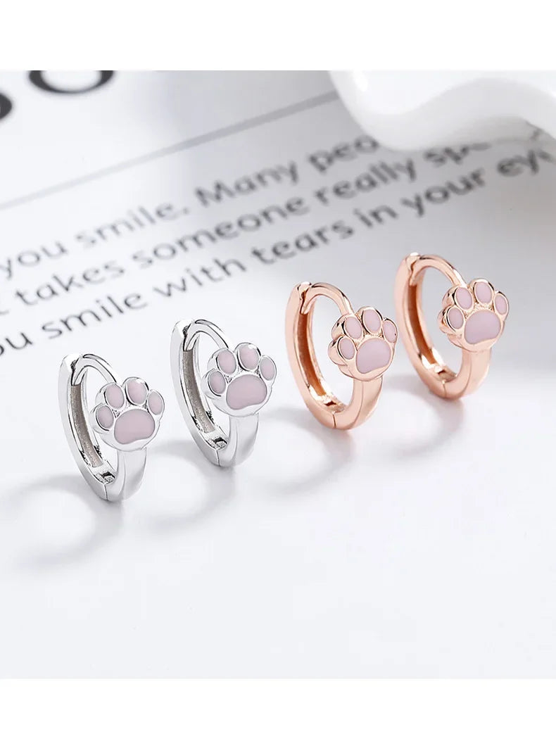 Sterling Silver Cute Pink Cat Claw Hoop Earrings Women's Fine Jewelry - PeticaDeals
