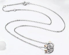 Sterling Silver Double Circles Pet Cat Pendant Necklace Cute Animal Chain for Women Jewelry - PeticaDeals