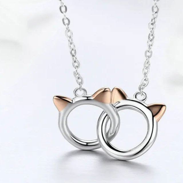 Sterling Silver Double Circles Pet Cat Pendant Necklace Cute Animal Chain for Women Jewelry - PeticaDeals