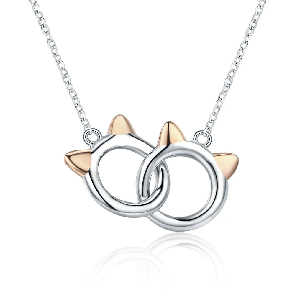 Sterling Silver Double Circles Pet Cat Pendant Necklace Cute Animal Chain for Women Jewelry - PeticaDeals