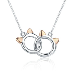 Sterling Silver Double Circles Pet Cat Pendant Necklace Cute Animal Chain for Women Jewelry - PeticaDeals
