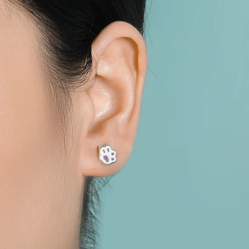 Sterling Silver Fashion Cute Cat Paw Charm Stud Earrings For Girls Fine Jewelry - PeticaDeals