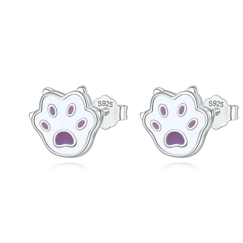 Sterling Silver Fashion Cute Cat Paw Charm Stud Earrings For Girls Fine Jewelry - PeticaDeals