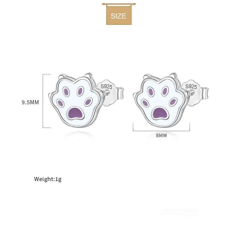 Sterling Silver Fashion Cute Cat Paw Charm Stud Earrings For Girls Fine Jewelry - PeticaDeals