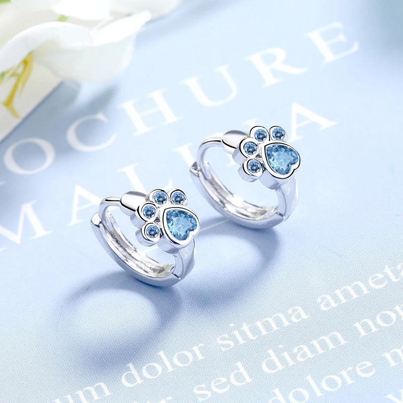 Sterling Silver Needle Colorful Copper Zirconia Cat Dog Paw Hoop Earrings for Women - PeticaDeals