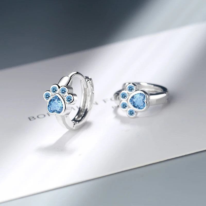 Sterling Silver Needle Colorful Copper Zirconia Cat Dog Paw Hoop Earrings for Women - PeticaDeals