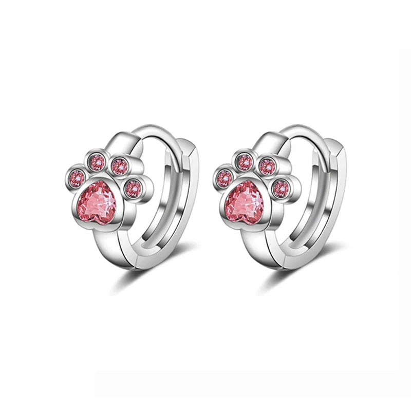 Sterling Silver Needle Colorful Copper Zirconia Cat Dog Paw Hoop Earrings for Women - PeticaDeals