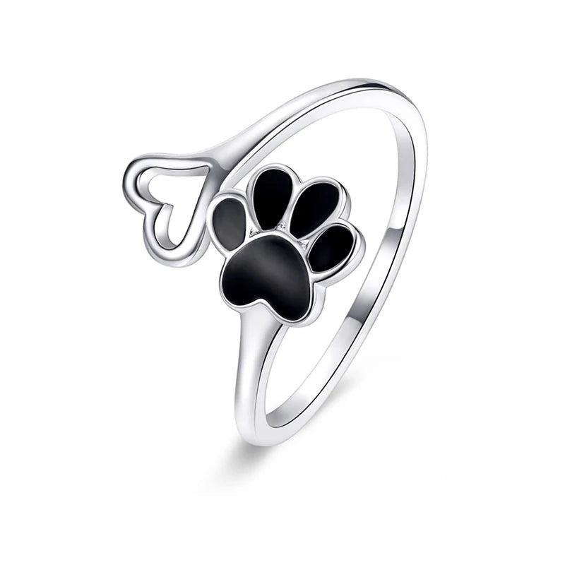 Sterling Silver Paw Dog Footprint Heart Rings Black Enamel Adjustable - PeticaDeals