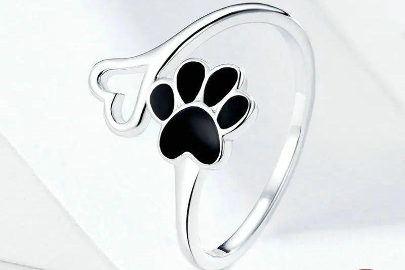 Sterling Silver Paw Dog Footprint Heart Rings Black Enamel Adjustable - PeticaDeals