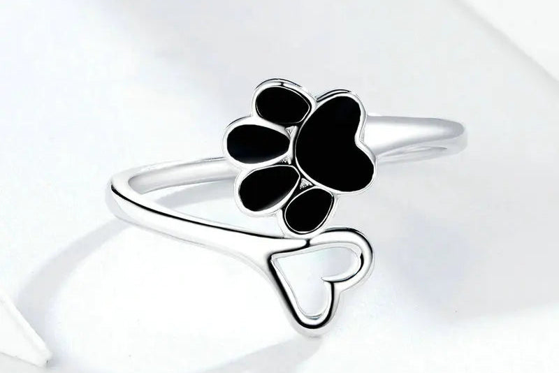 Sterling Silver Paw Dog Footprint Heart Rings Black Enamel Adjustable - PeticaDeals