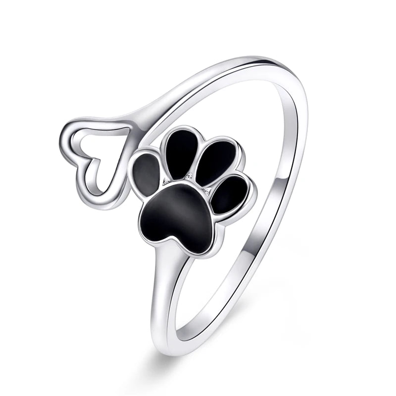 Sterling Silver Paw Dog Footprint Heart Rings Black Enamel Adjustable - PeticaDeals