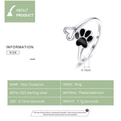 Sterling Silver Paw Dog Footprint Heart Rings Black Enamel Adjustable - PeticaDeals
