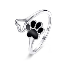 Sterling Silver Paw Dog Footprint Heart Rings Black Enamel Adjustable - PeticaDeals