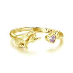 Sterling Silver Pet Cat Ring With Pink Heart Zirconia - PeticaDeals