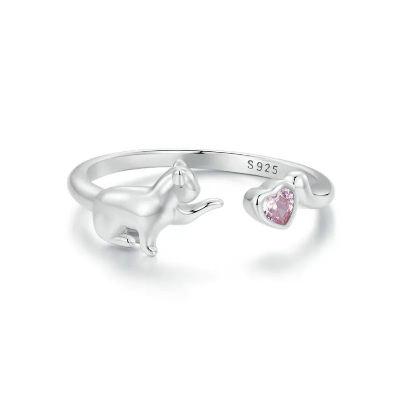 Sterling Silver Pet Cat Ring With Pink Heart Zirconia - PeticaDeals