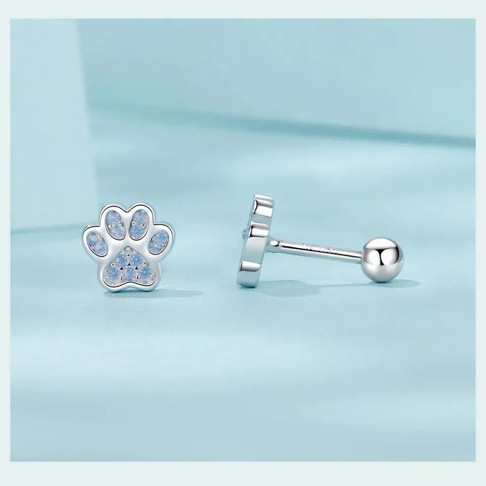 Sterling Silver Pet Paw Stud Earrings White Gold Plated For Women - PeticaDeals