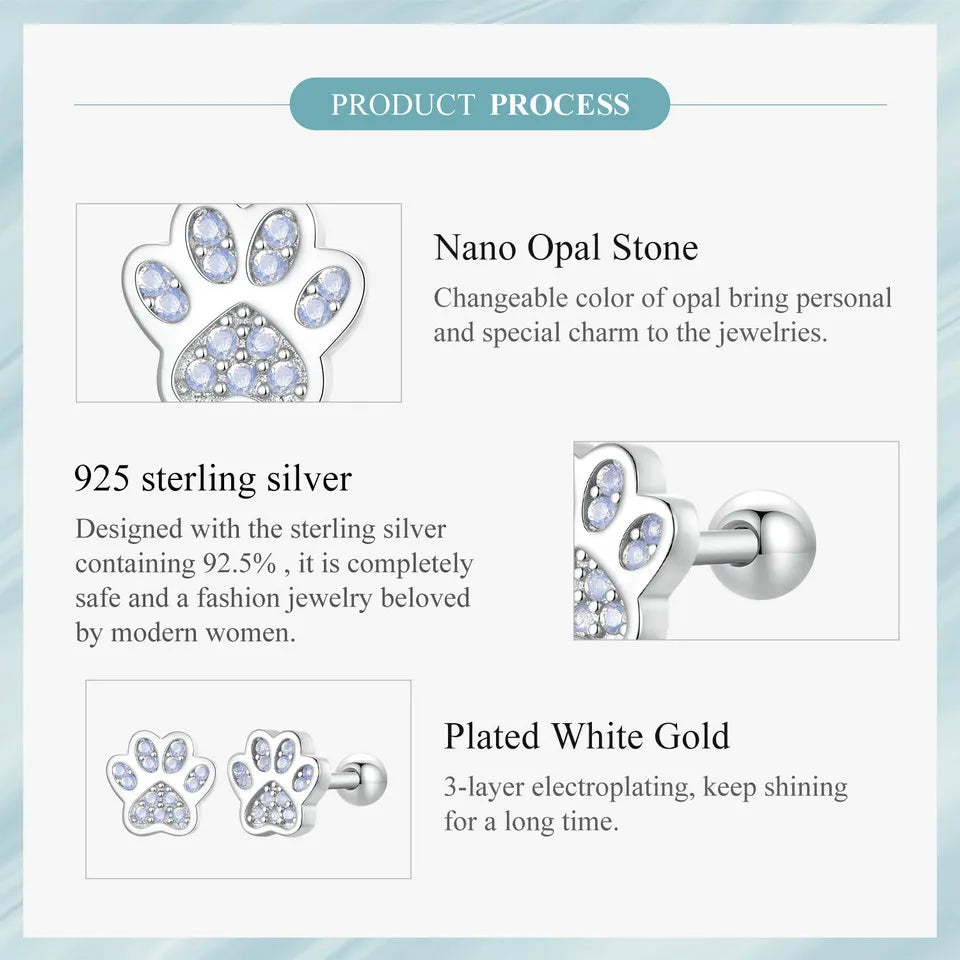 Sterling Silver Pet Paw Stud Earrings White Gold Plated For Women - PeticaDeals