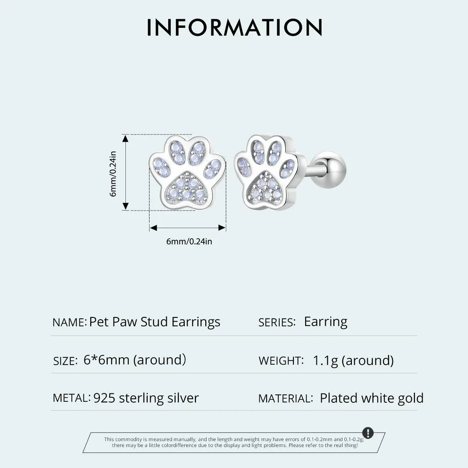Sterling Silver Pet Paw Stud Earrings White Gold Plated For Women - PeticaDeals