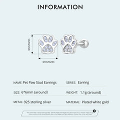 Sterling Silver Pet Paw Stud Earrings White Gold Plated For Women - PeticaDeals