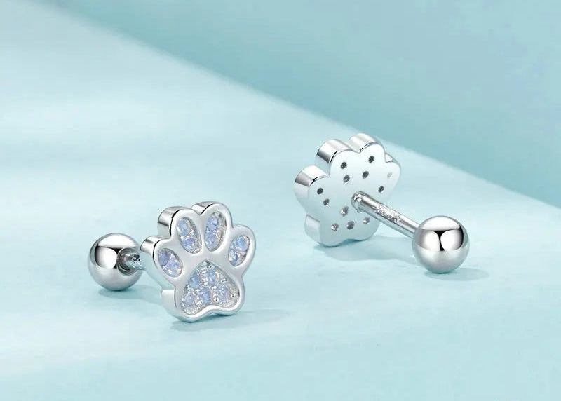 Sterling Silver Pet Paw Stud Earrings White Gold Plated For Women - PeticaDeals