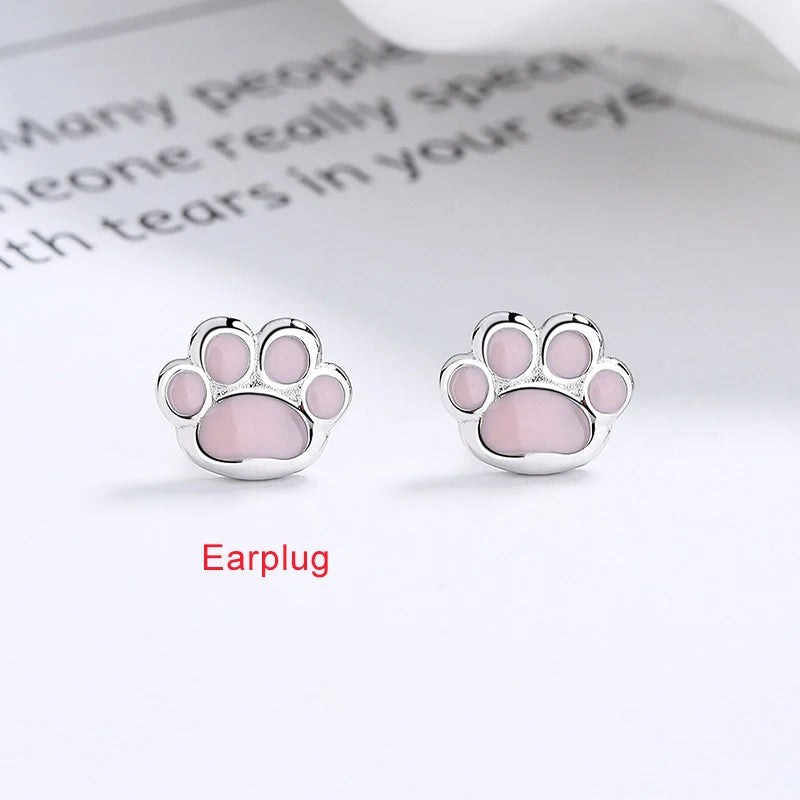 Sterling Silver Pink Cat's Paw Piercing Screw Thread Bead Stud Earrings for Women Cute Animal Fine Jewelry - PeticaDeals