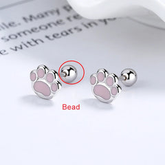 Sterling Silver Pink Cat's Paw Piercing Screw Thread Bead Stud Earrings for Women Cute Animal Fine Jewelry - PeticaDeals