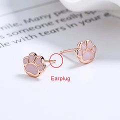 Sterling Silver Pink Cat's Paw Piercing Screw Thread Bead Stud Earrings for Women Cute Animal Fine Jewelry - PeticaDeals