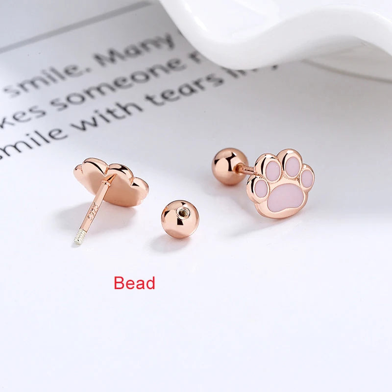 Sterling Silver Pink Cat's Paw Piercing Screw Thread Bead Stud Earrings for Women Cute Animal Fine Jewelry - PeticaDeals