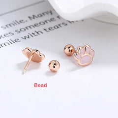 Sterling Silver Pink Cat's Paw Piercing Screw Thread Bead Stud Earrings for Women Cute Animal Fine Jewelry - PeticaDeals