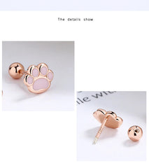 Sterling Silver Pink Cat's Paw Piercing Screw Thread Bead Stud Earrings for Women Cute Animal Fine Jewelry - PeticaDeals
